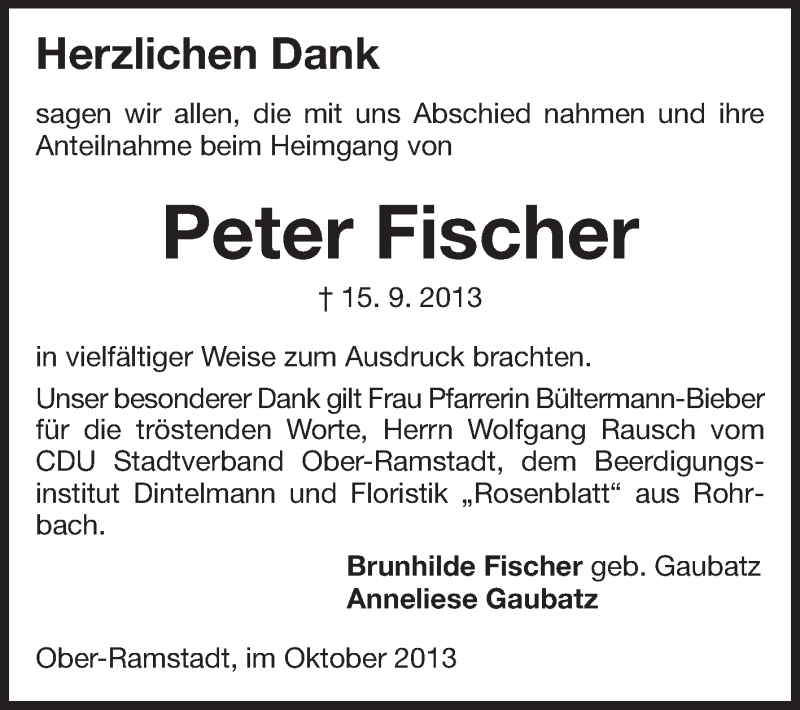  Traueranzeige für Peter Fischer vom 12.10.2013 aus Echo-Zeitungen (Gesamtausgabe)