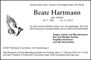 Traueranzeige von Beate Hartmann von Echo-Zeitungen (Gesamtausgabe)