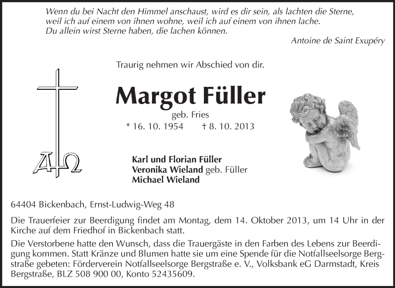  Traueranzeige für Margot Füller vom 11.10.2013 aus Echo-Zeitungen (Gesamtausgabe)