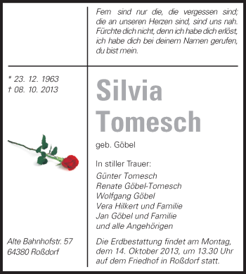 Traueranzeige von Silvia Tomesch von Echo-Zeitungen (Gesamtausgabe)
