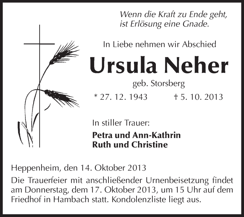  Traueranzeige für Ursula Neher vom 14.10.2013 aus Starkenburger Echo