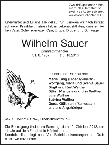 Traueranzeige von Wilhelm Sauer von Odenwälder Echo