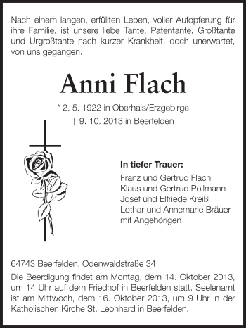 Traueranzeige von Anni Flach von Odenwälder Echo