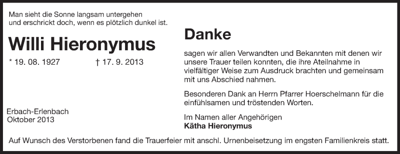  Traueranzeige für Willi Hieronymus vom 12.10.2013 aus Odenwälder Echo