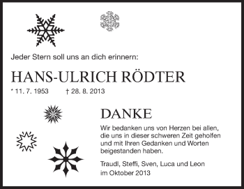 Traueranzeige von Hans-Ulrich Rödter von Rüsselsheimer Echo, Groß-Gerauer-Echo, Ried Echo