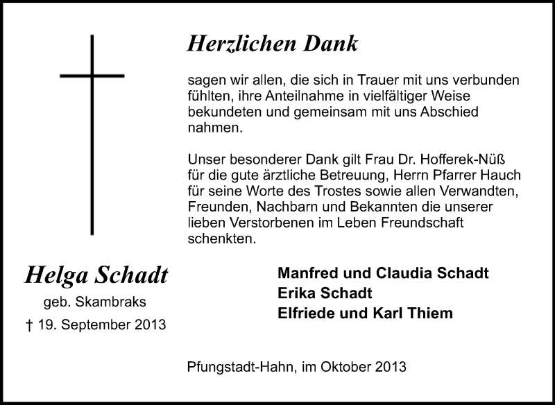  Traueranzeige für Helga Schadt vom 12.10.2013 aus Echo-Zeitungen (Gesamtausgabe)