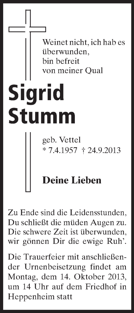  Traueranzeige für Sigrid Stumm vom 11.10.2013 aus Starkenburger Echo