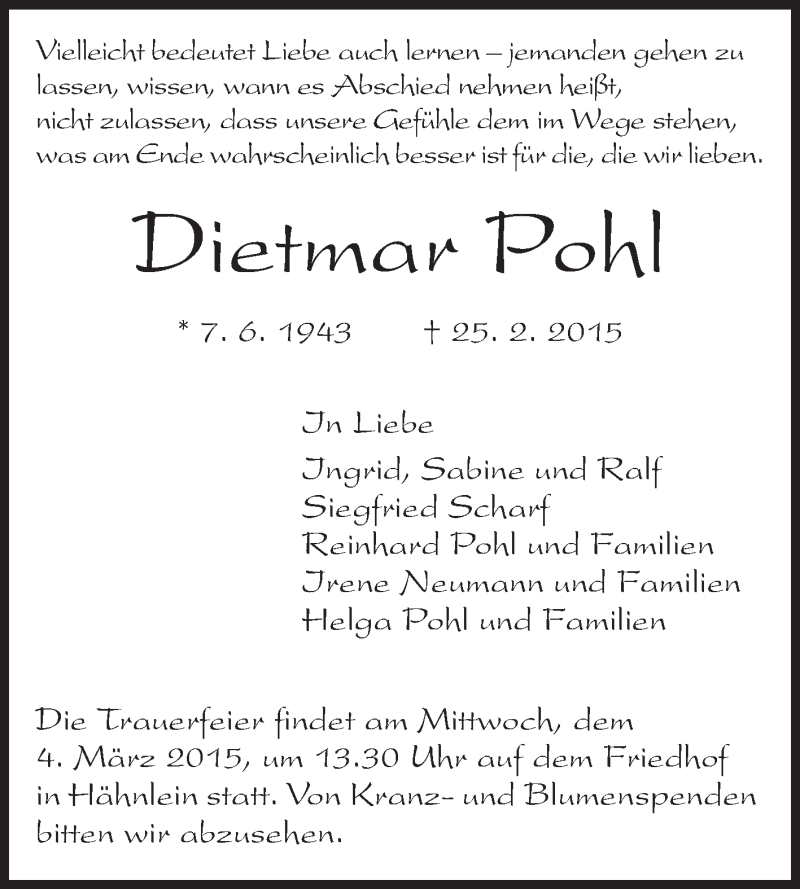  Traueranzeige für Dietmar Pohl vom 28.02.2015 aus Echo-Zeitungen (Gesamtausgabe)