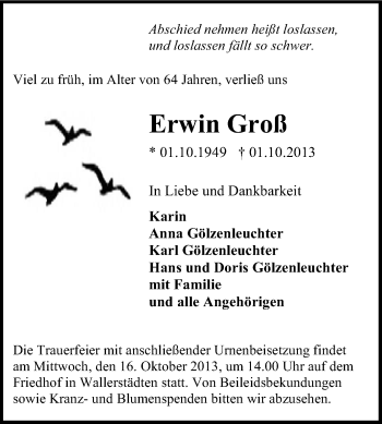 Traueranzeige von Erwin Groß von Rüsselsheimer Echo, Groß-Gerauer-Echo, Ried Echo