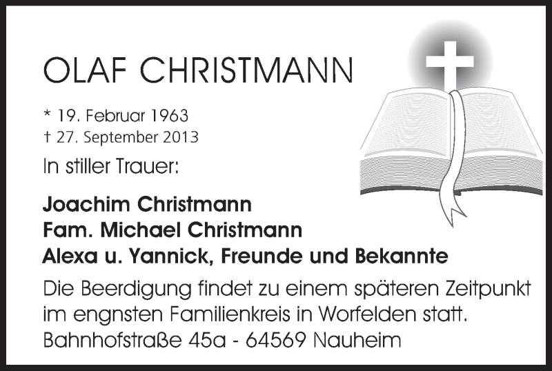  Traueranzeige für Olaf Christmann vom 12.10.2013 aus Echo-Zeitungen (Gesamtausgabe)