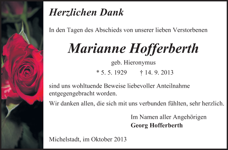  Traueranzeige für Marianne Hofferberth vom 12.10.2013 aus Odenwälder Echo