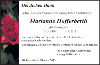 Traueranzeige von Marianne Hofferberth von Odenwälder Echo