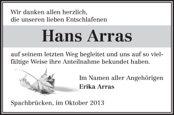 Traueranzeige von Hans Arras von Echo-Zeitungen (Gesamtausgabe)