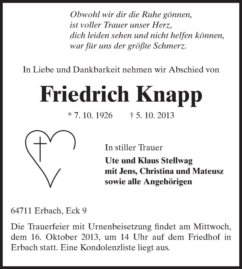  Traueranzeige für Friedrich Knapp vom 12.10.2013 aus Odenwälder Echo