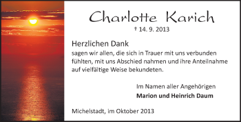 Traueranzeige von Charlotte Karich von Odenwälder Echo