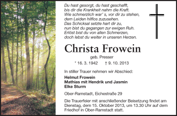 Traueranzeige von Christa Frowein von Darmstädter Echo, Odenwälder Echo, Rüsselsheimer Echo, Groß-Gerauer-Echo, Ried Echo