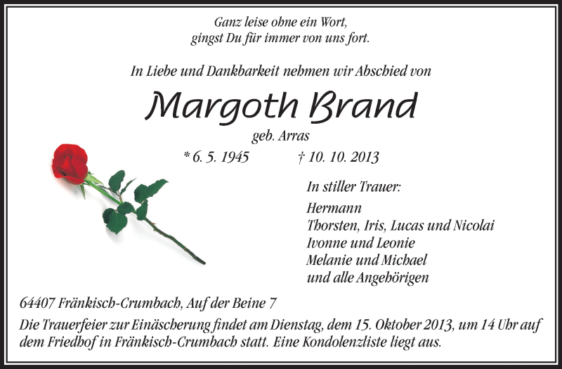  Traueranzeige für Margoth Brand vom 12.10.2013 aus Echo-Zeitungen (Gesamtausgabe)