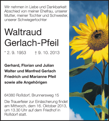 Traueranzeige von Waltraud Gerlach-Pfeil von Echo-Zeitungen (Gesamtausgabe)