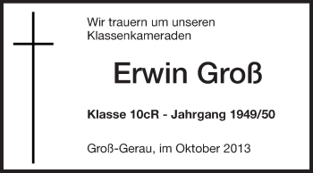 Traueranzeige von Erwin Groß von Rüsselsheimer Echo, Groß-Gerauer-Echo, Ried Echo