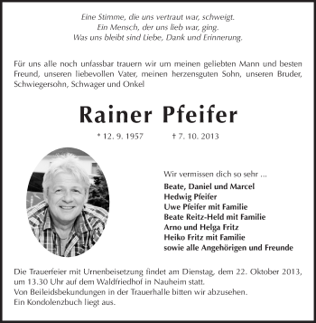 Traueranzeige von Rainer Pfeifer von Rüsselsheimer Echo, Groß-Gerauer-Echo, Ried Echo