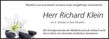 Traueranzeige von Richard Klein von Echo-Zeitungen (Gesamtausgabe)