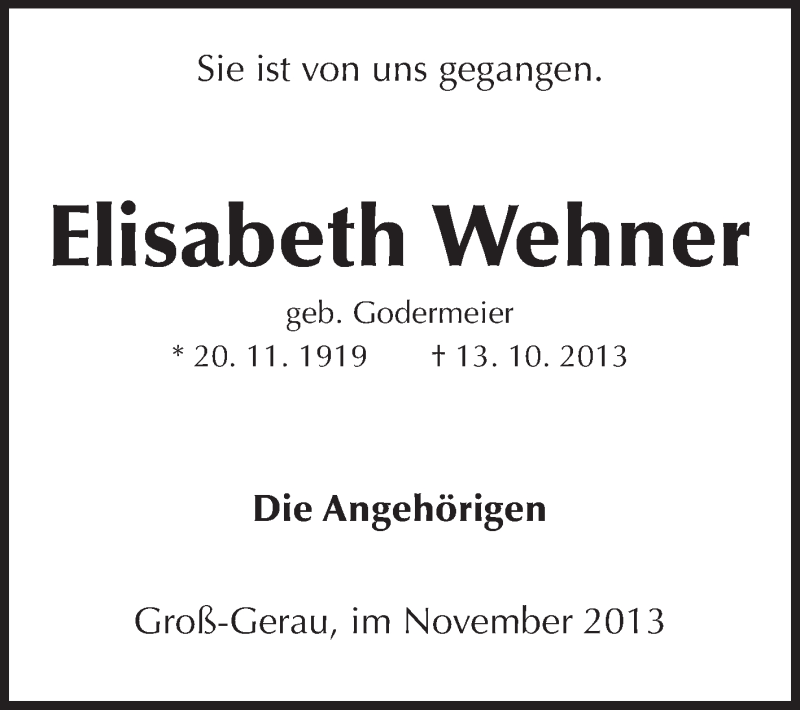  Traueranzeige für Elisabeth Wehner vom 01.11.2013 aus Rüsselsheimer Echo, Groß-Gerauer-Echo, Ried Echo