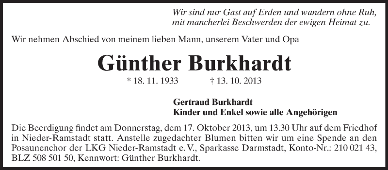  Traueranzeige für Günther Burkhardt vom 16.10.2013 aus Echo-Zeitungen (Gesamtausgabe)