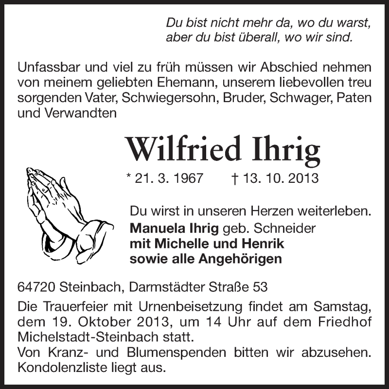  Traueranzeige für Wilfried Ihrig vom 16.10.2013 aus Odenwälder Echo