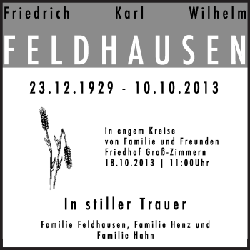 Traueranzeige von Friedrich Karl Wilhelm Feldhausen von Echo-Zeitungen (Gesamtausgabe)
