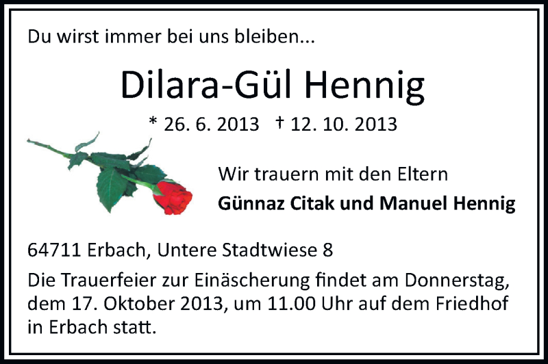  Traueranzeige für Dilara-Gül Hennig vom 16.10.2013 aus Odenwälder Echo