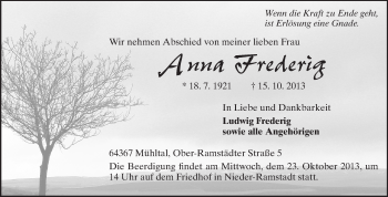 Traueranzeige von Anna Frederig von Echo-Zeitungen (Gesamtausgabe)