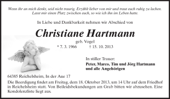 Traueranzeige von Christiane Hartmann von Odenwälder Echo