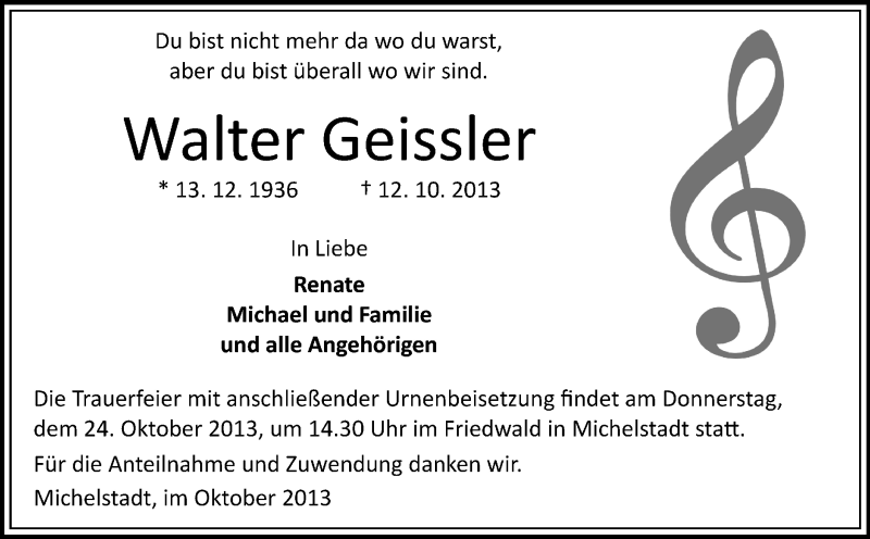  Traueranzeige für Walter Geissler vom 18.10.2013 aus Odenwälder Echo