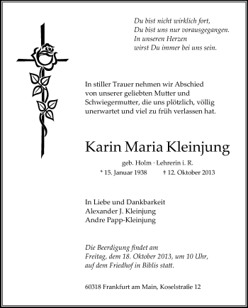 Traueranzeige von Karin Maria Kleinjung von Echo-Zeitungen (Gesamtausgabe)
