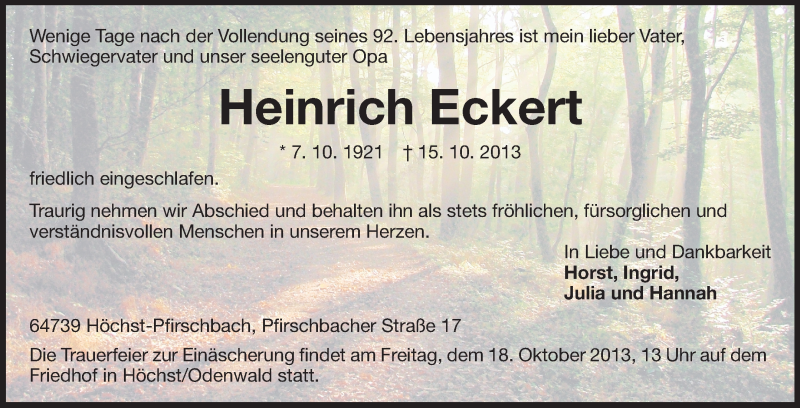  Traueranzeige für Heinrich Eckert vom 17.10.2013 aus Echo-Zeitungen (Gesamtausgabe)