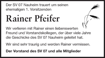 Traueranzeige von Rainer Pfeifer von Echo-Zeitungen (Gesamtausgabe)
