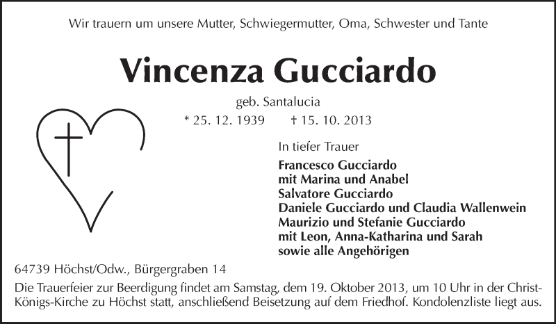  Traueranzeige für Vincenza Gucciardo vom 17.10.2013 aus Odenwälder Echo