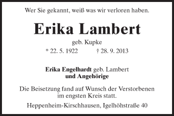 Traueranzeige von Erika Lambert von Starkenburger Echo