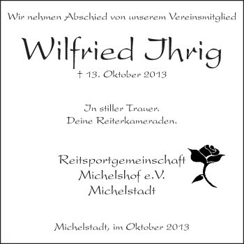 Traueranzeige von Wilfried Ihrig von Odenwälder Echo