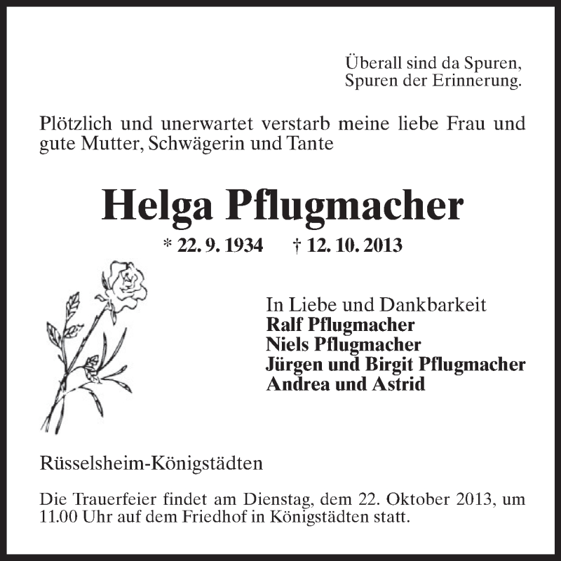  Traueranzeige für Helga Pflugmacher vom 19.10.2013 aus Rüsselsheimer Echo, Groß-Gerauer-Echo, Ried Echo
