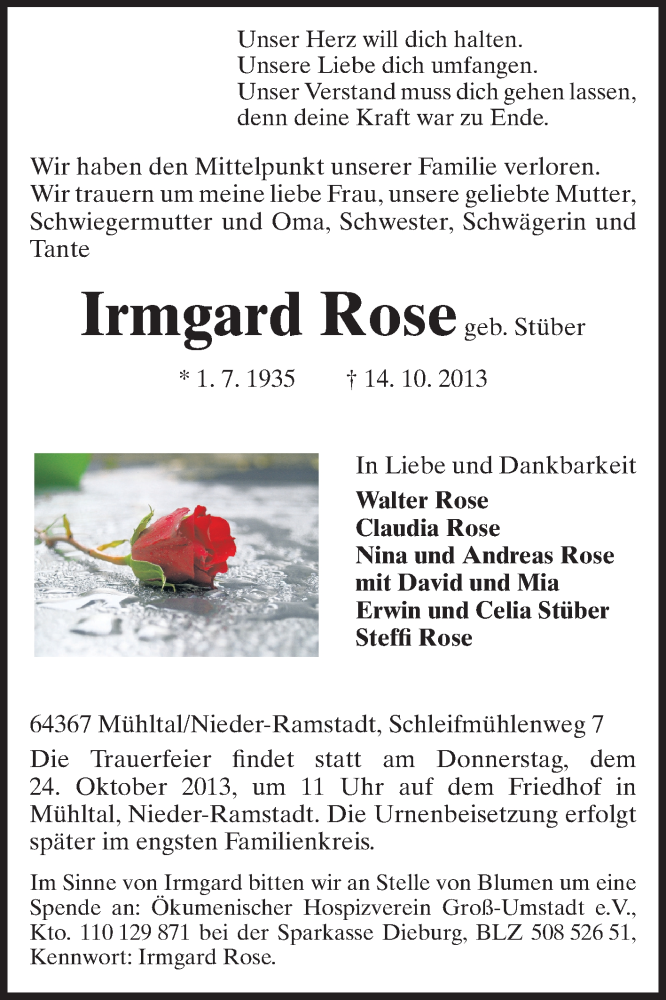  Traueranzeige für Irmgard Rose vom 19.10.2013 aus Echo-Zeitungen (Gesamtausgabe)
