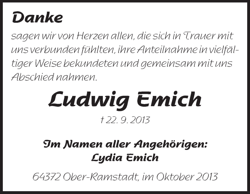  Traueranzeige für Ludwig Emich vom 19.10.2013 aus Echo-Zeitungen (Gesamtausgabe)