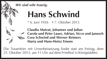 Traueranzeige von Hans Schwind von Rüsselsheimer Echo, Groß-Gerauer-Echo, Ried Echo