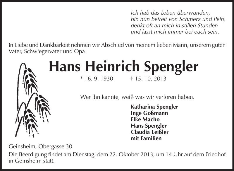  Traueranzeige für Hans Heinrich Spengler vom 18.10.2013 aus Rüsselsheimer Echo, Groß-Gerauer-Echo, Ried Echo