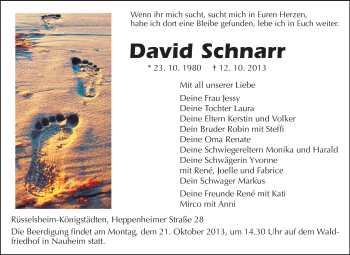 Traueranzeige von David Schnarr von Rüsselsheimer Echo, Groß-Gerauer-Echo, Ried Echo