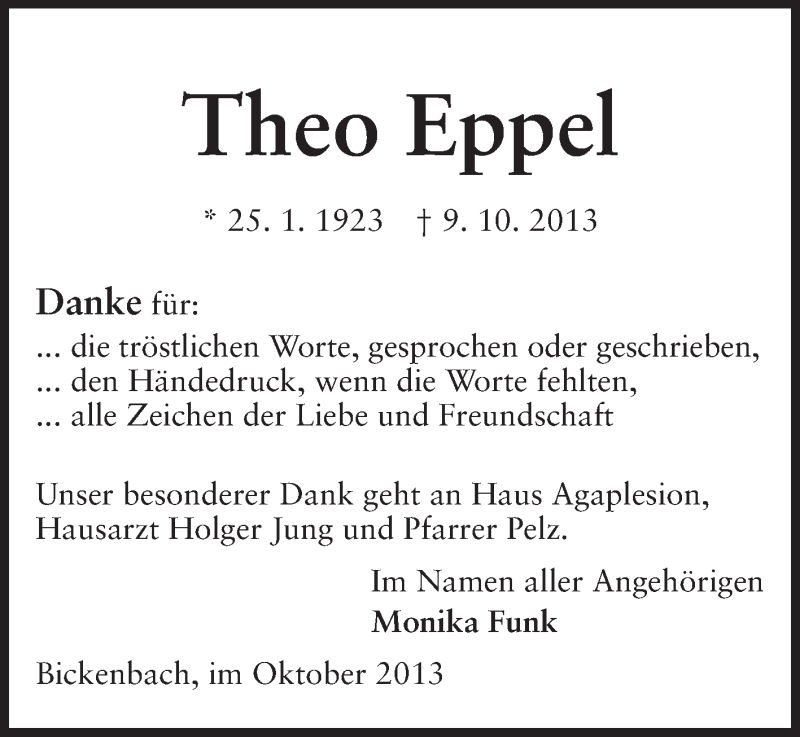  Traueranzeige für Theo Eppel vom 19.10.2013 aus Echo-Zeitungen (Gesamtausgabe)