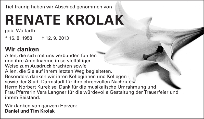  Traueranzeige für Renate Krolak vom 19.10.2013 aus Echo-Zeitungen (Gesamtausgabe)