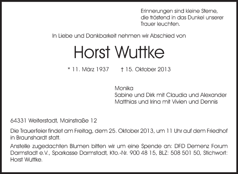  Traueranzeige für Horst Wuttke vom 22.10.2013 aus Echo-Zeitungen (Gesamtausgabe)