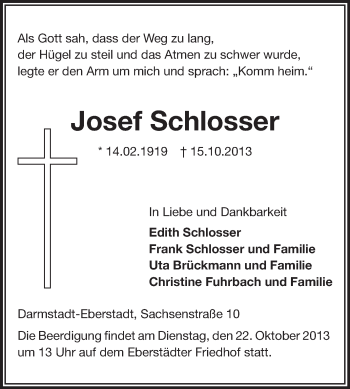 Traueranzeige von Josef Schlosser von Echo-Zeitungen (Gesamtausgabe)