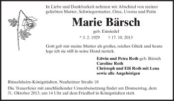 Traueranzeige von Marie Bärsch von Rüsselsheimer Echo, Groß-Gerauer-Echo, Ried Echo